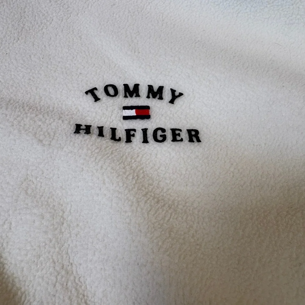 Tommy Hilfiger Womens XL Full Zip Fleece Jacket Cream Black Colorblock Mock Neck